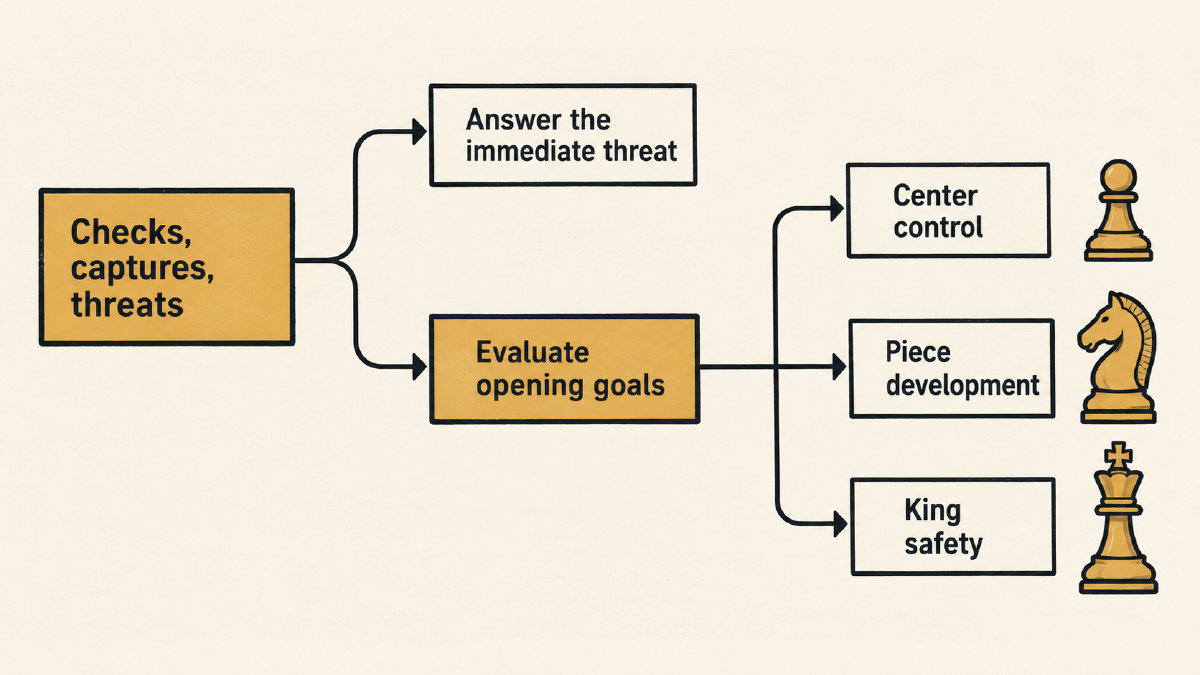 Opening decision diagram placing checks, captures and threats before center control, development and king safety.