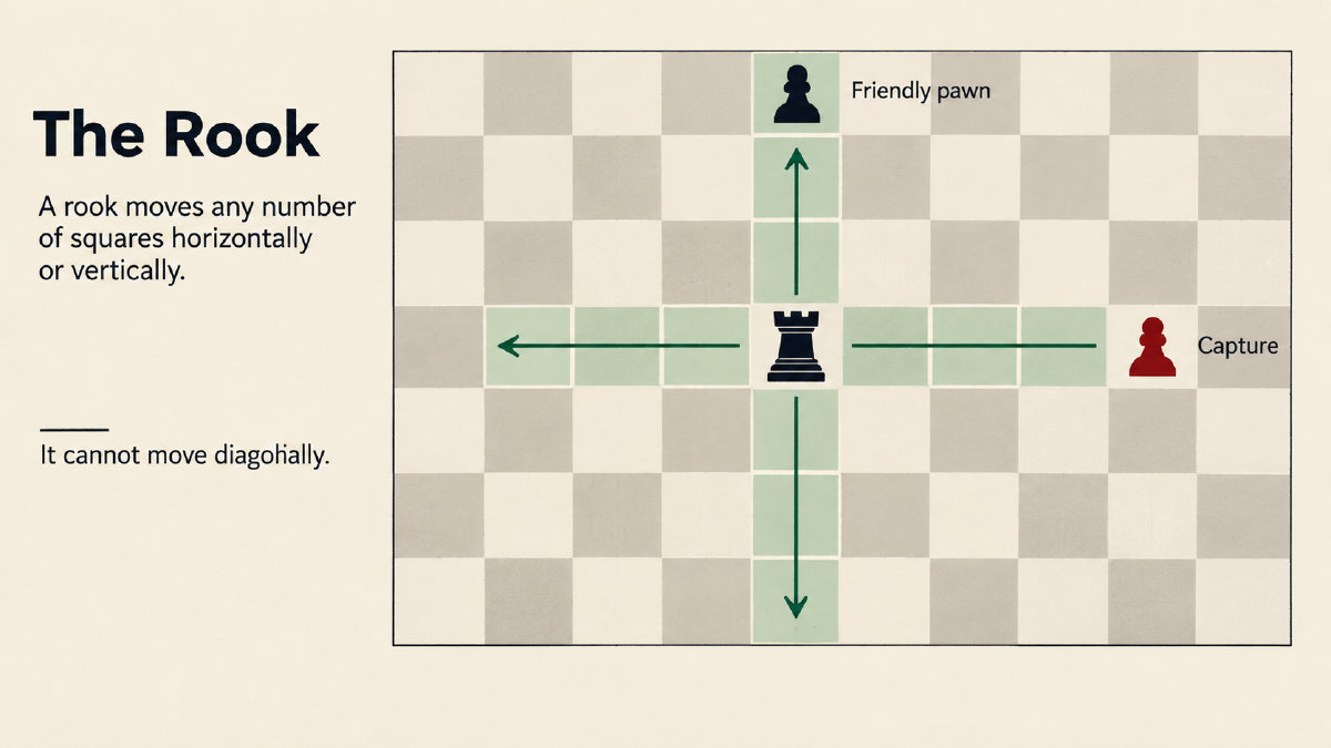 Rook movement diagram with horizontal and vertical lanes, a friendly pawn blocking one lane and an opposing pawn ending another.