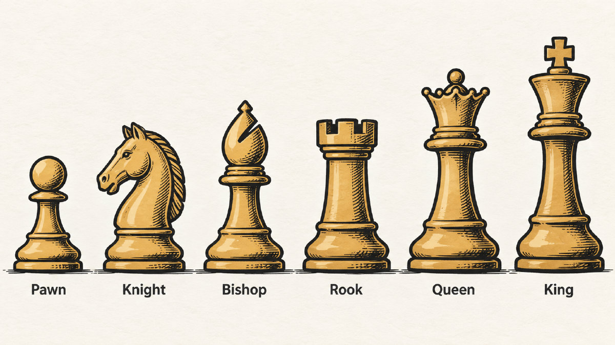 Six conventional chess pieces labeled Pawn, Knight, Bishop, Rook, Queen and King.