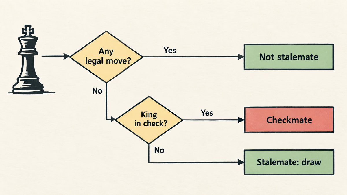 Decision tree distinguishing stalemate from checkmate using legal moves and whether the king is in check.