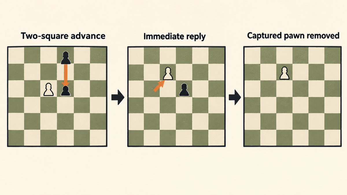 Three-stage en passant diagram showing a two-square advance, an immediate diagonal capture and removal of the adjacent pawn.