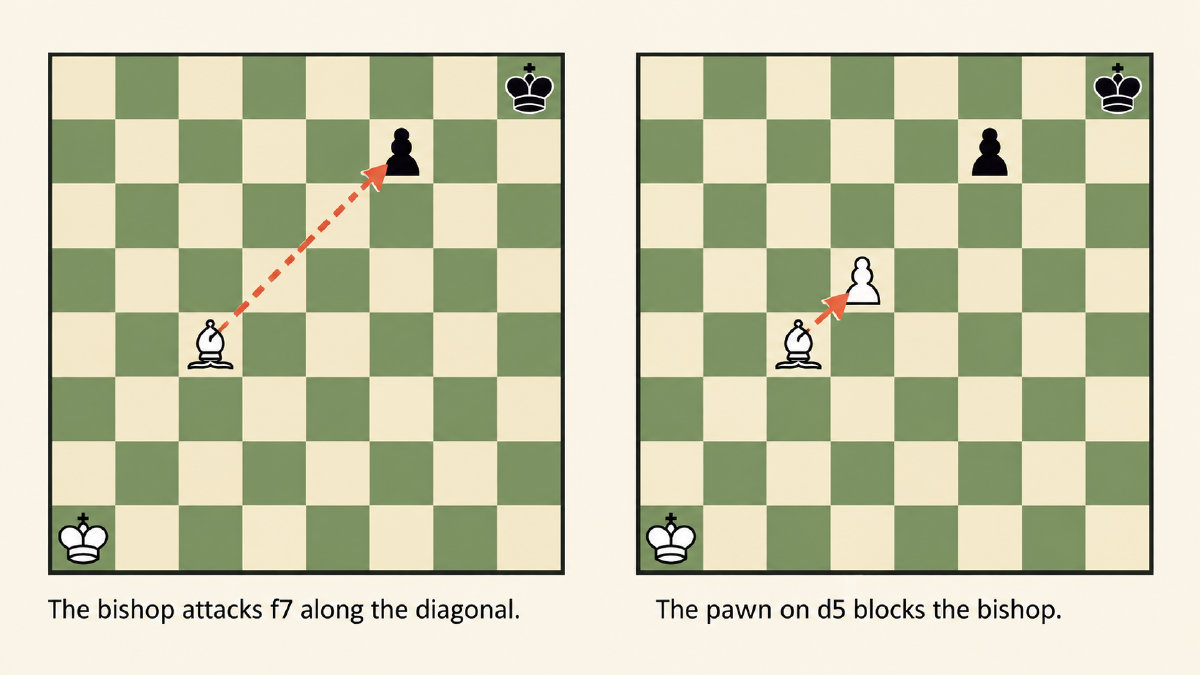 Two practice boards compare a bishop's clear c4–f7 diagonal with the same route blocked by a white pawn on d5.