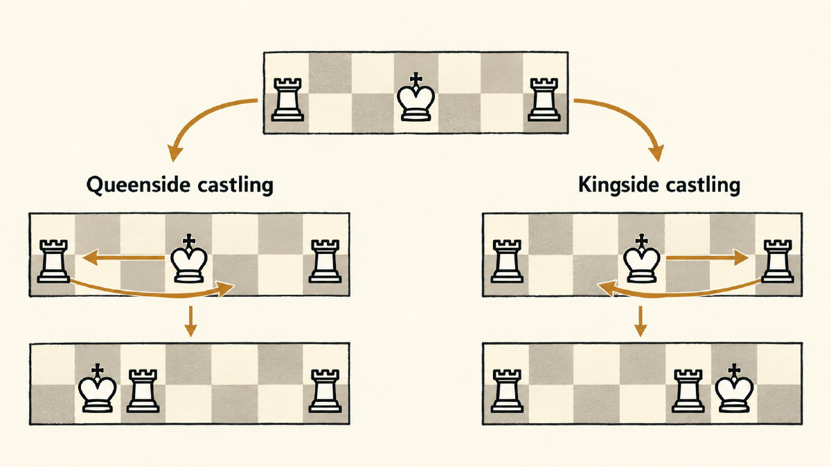 Diagram comparing the king and rook movements in kingside and queenside castling.